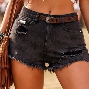 Western Cowgirl Star Festival Distressed High Rise Shorts Black Jean size 28 NWT